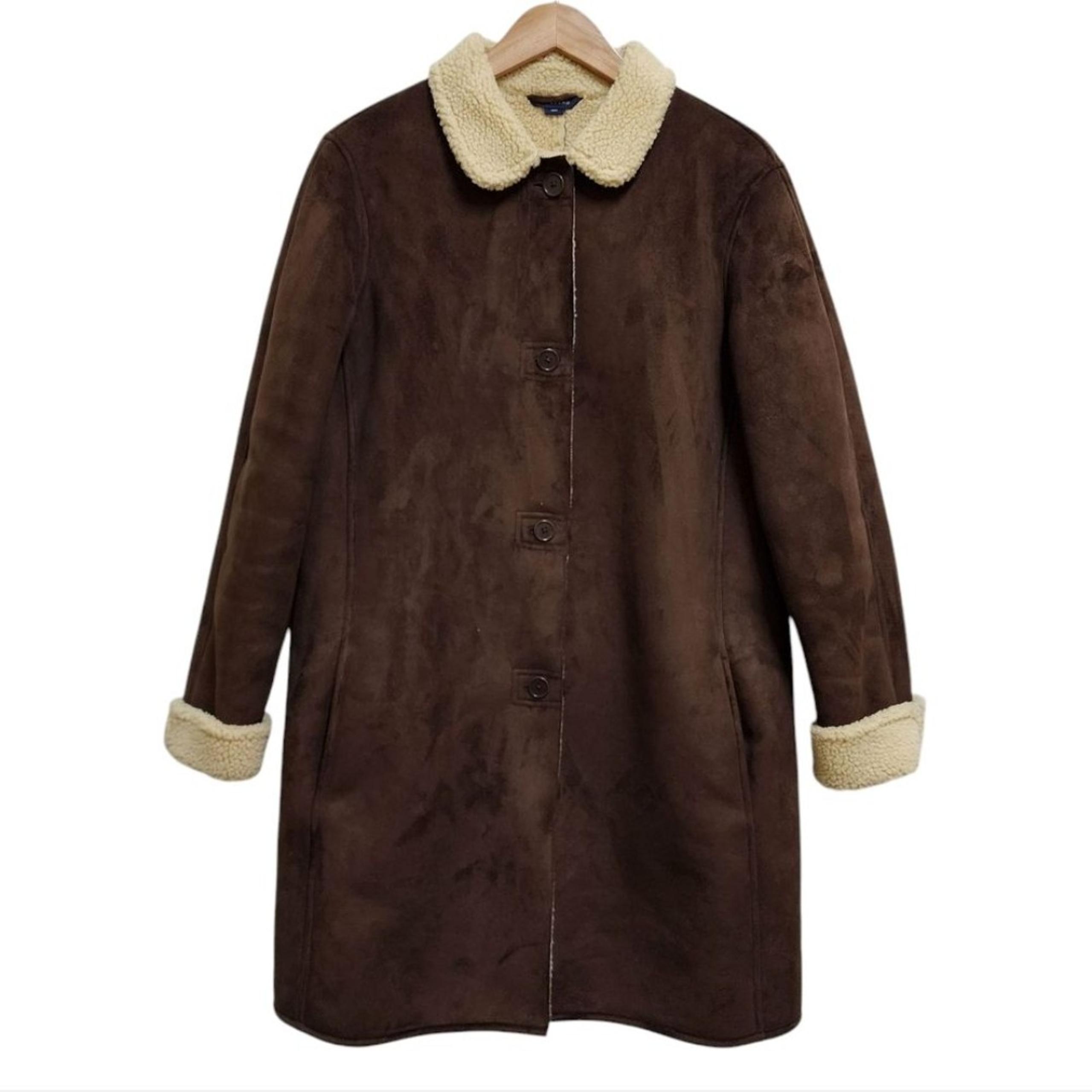 Land's End Coat Womens L Brown Faux Shearling Sherpa Button Pockets Outdoor Warm