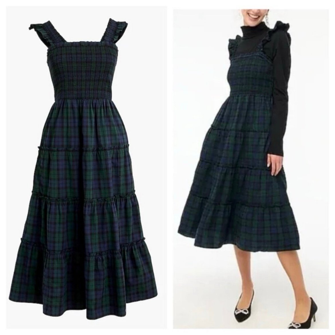 NEW J. Crew Cotton-Blend Poplin Smocked Tiered Midi Dress Green Plaid Medium NWT