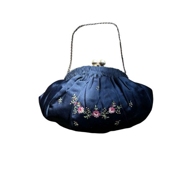 Antique Navy Blue Silk Embroidered Floral French Evening Bag Clutch