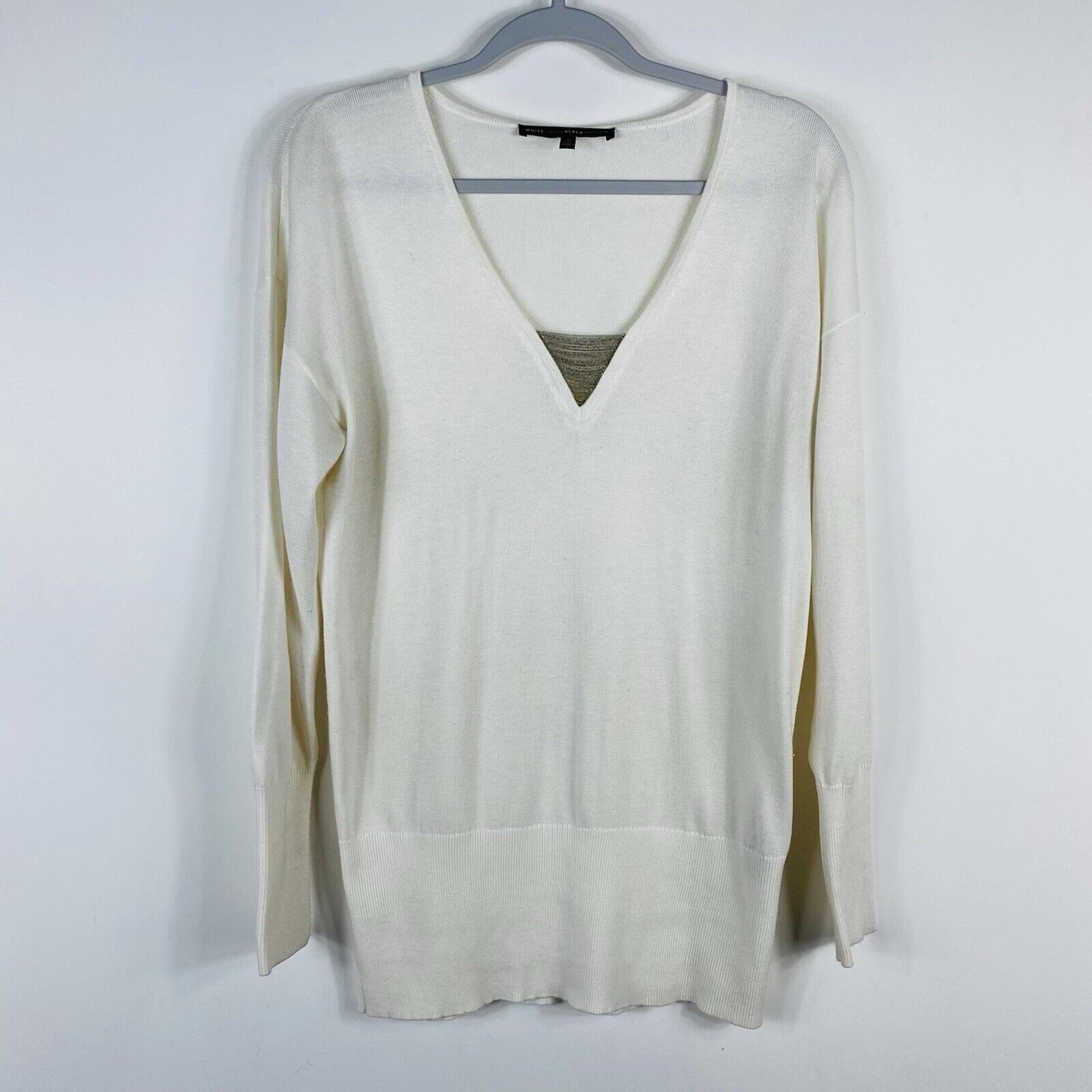 White House Black Market Size Medium Ball Chain V-Neck Tunic Sweater Ivory