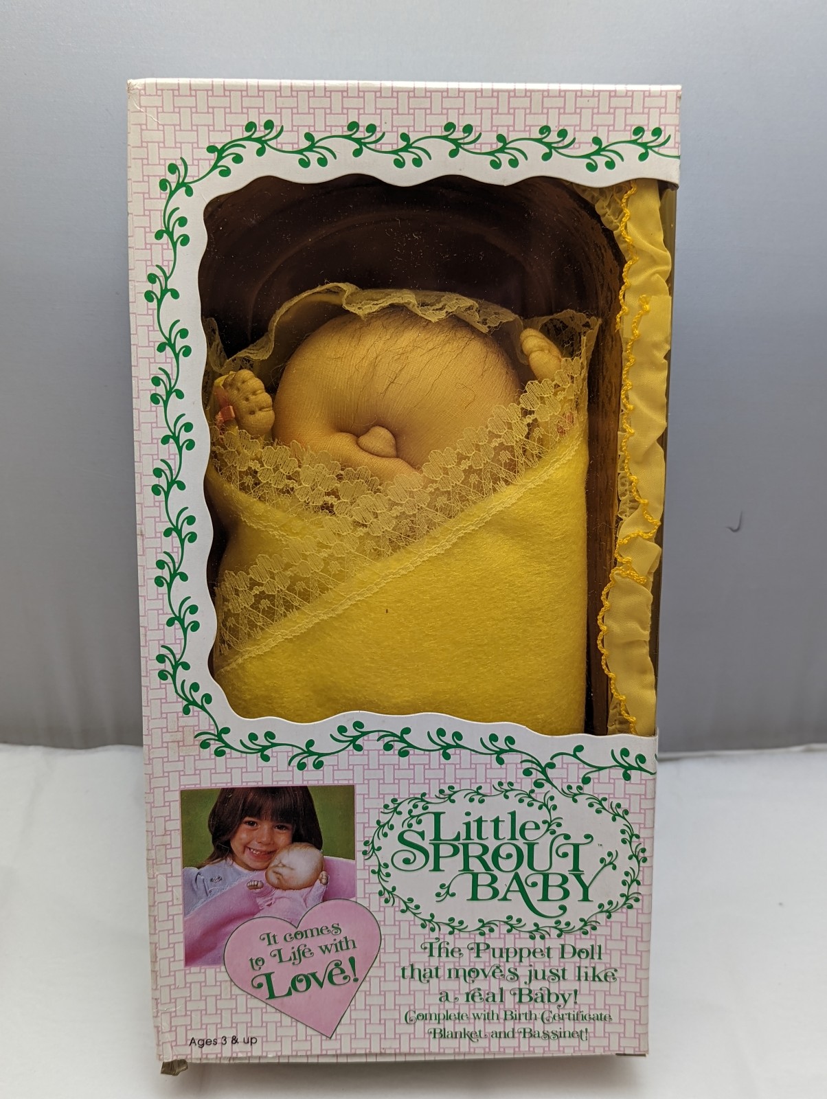 VTG LITTLE SPROUT BABY puppet doll w/ blanket in box Judy Mahlstedt 1984 Yellow