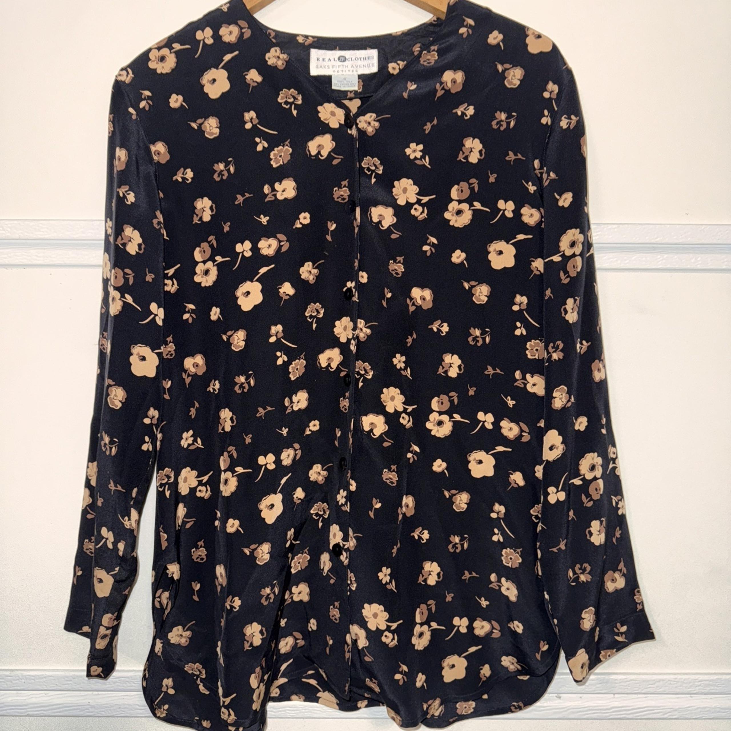 Saks Fifth Avenue Womens Floral Blouse Top Long Sleep Black Small Petites