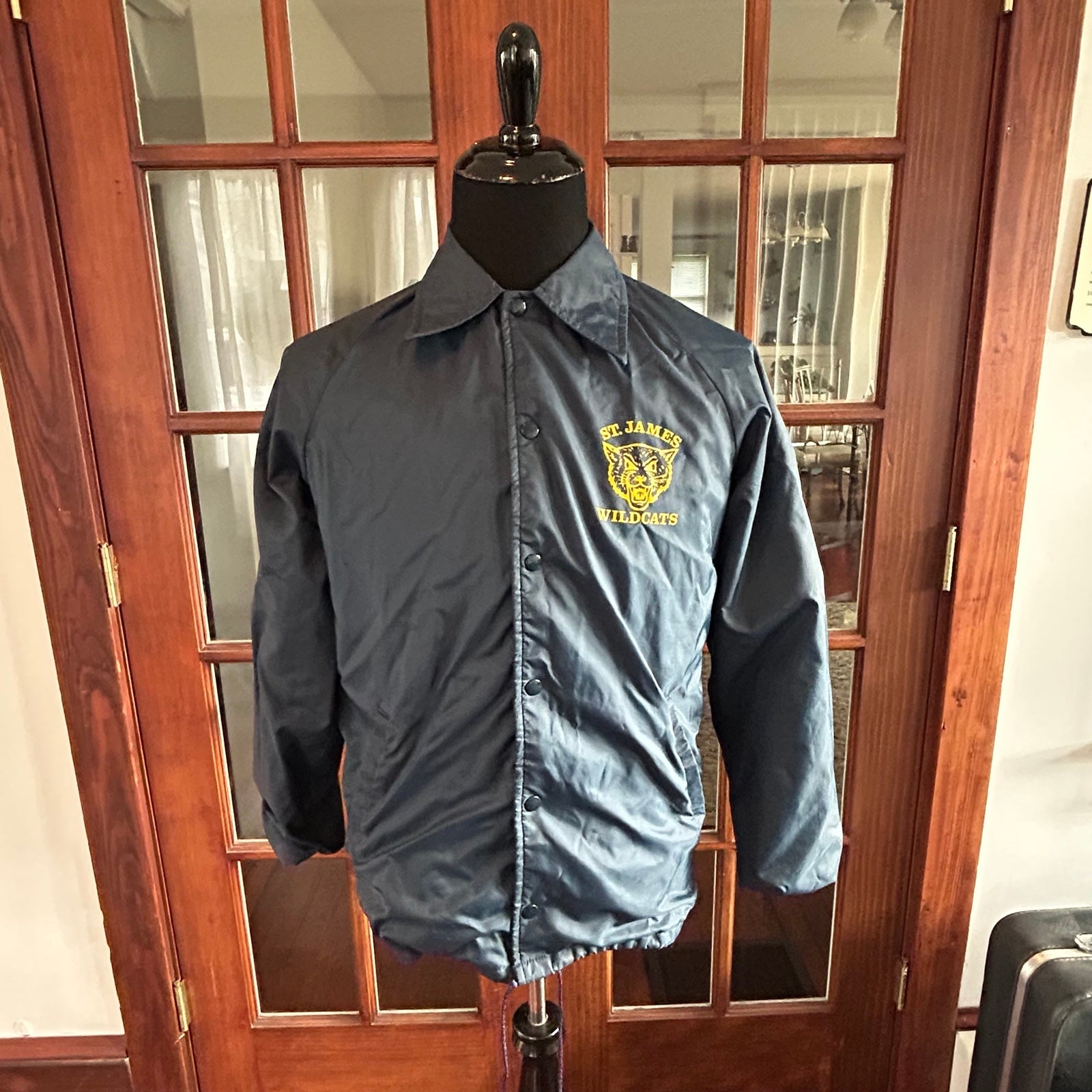 Vintage 1970's or 1980's Snap Up Windbreaker Big Collar St. James Wildcats