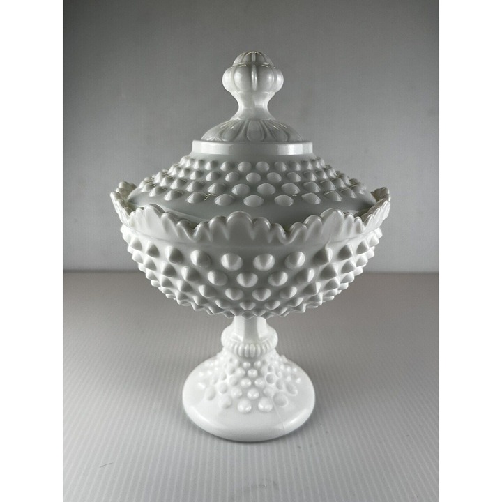 Vintage Fenton Milk Glass Hobnail Pedestal Lidded Candy Dish 8.5 FREE SHIP