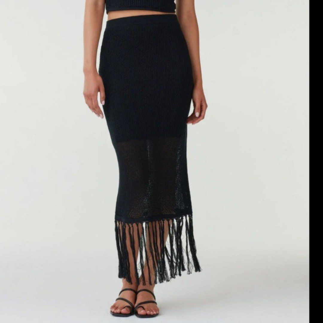 Vetta Knit Fringe Maxi Skirt Getaway Collection XS NWT Black