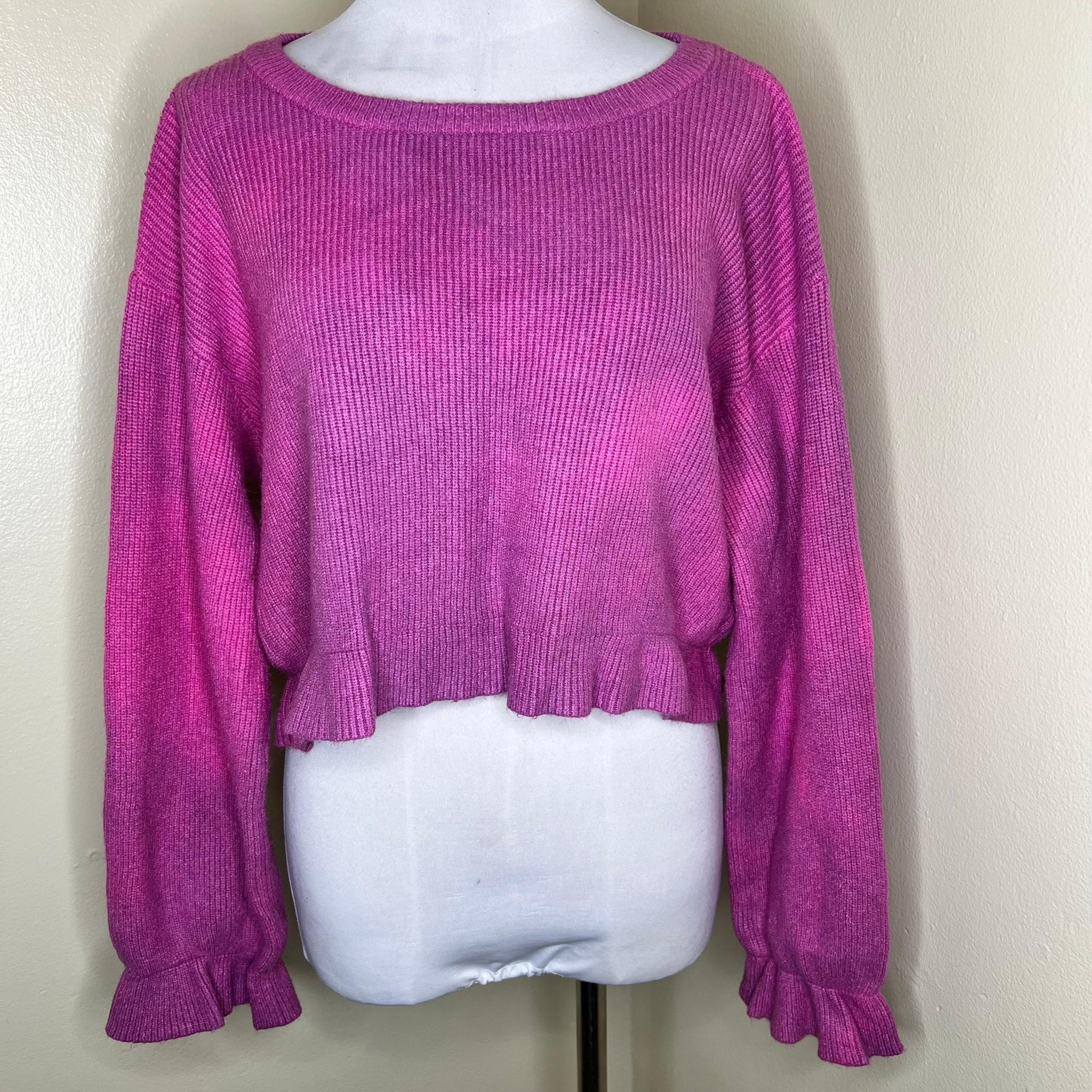 MINKPINK Nora Cropped Sweater XL Purple Pink Ribbed Knit Ruffle Crewneck Viscose