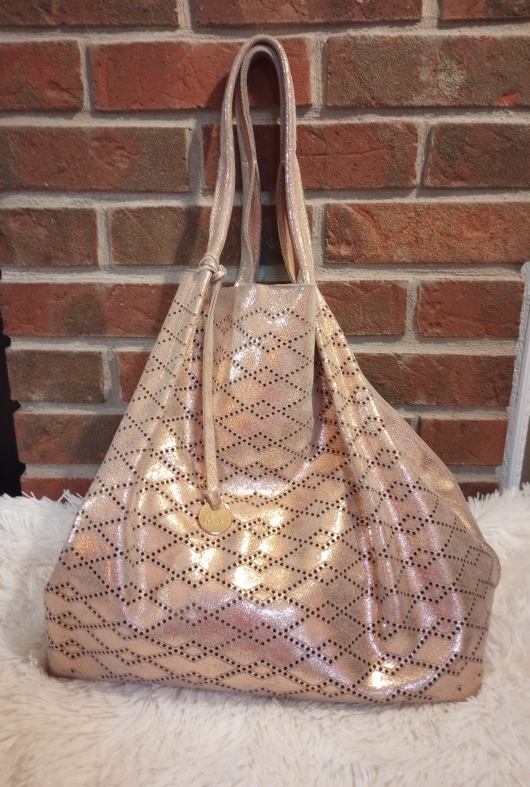 Nardelli Italian Leather Large Tote Shoulder Bag Metallic Rose Gold