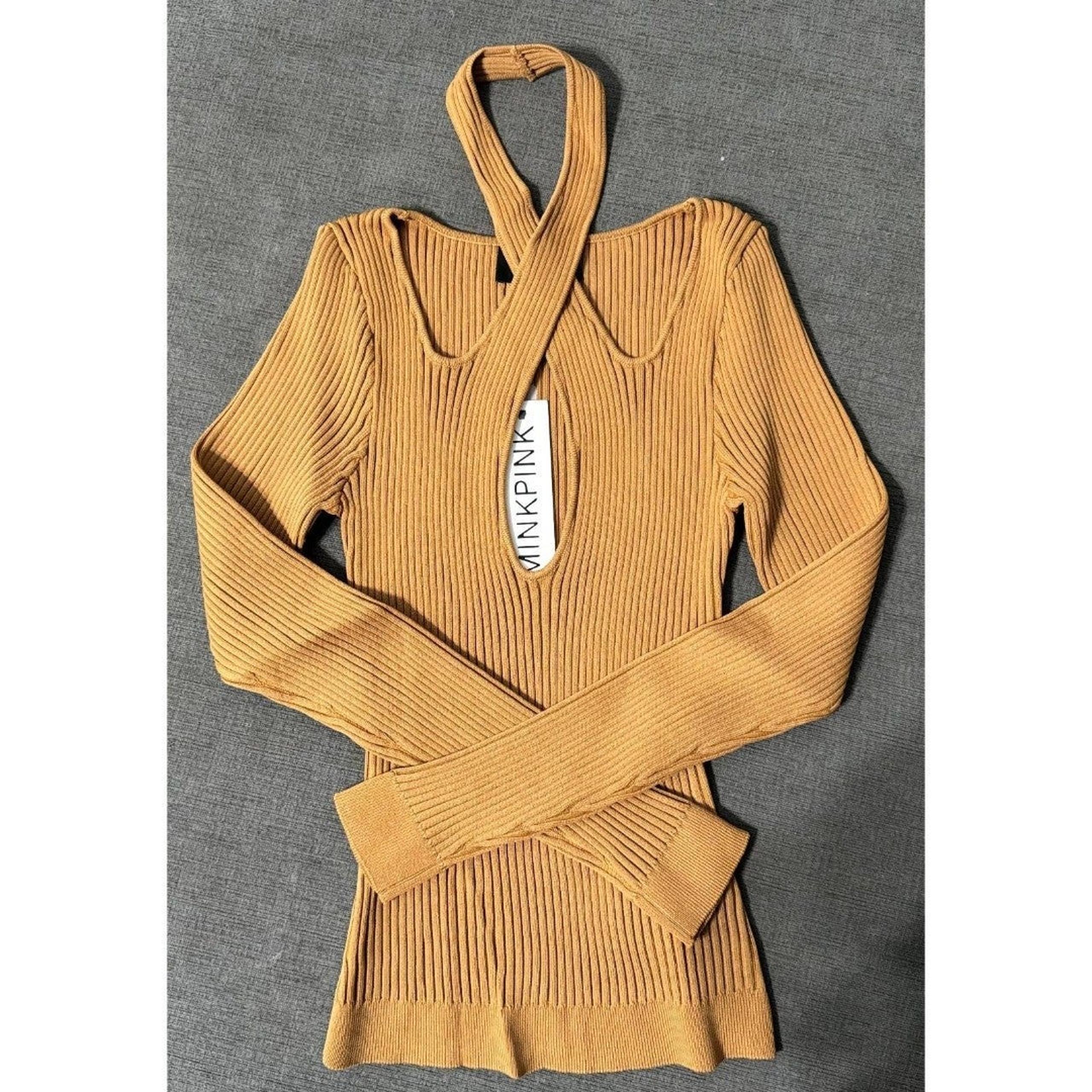 MINK PINK Gianna Crisscross Knit Ribbed Long Sleeve Top Pecan Color in Small