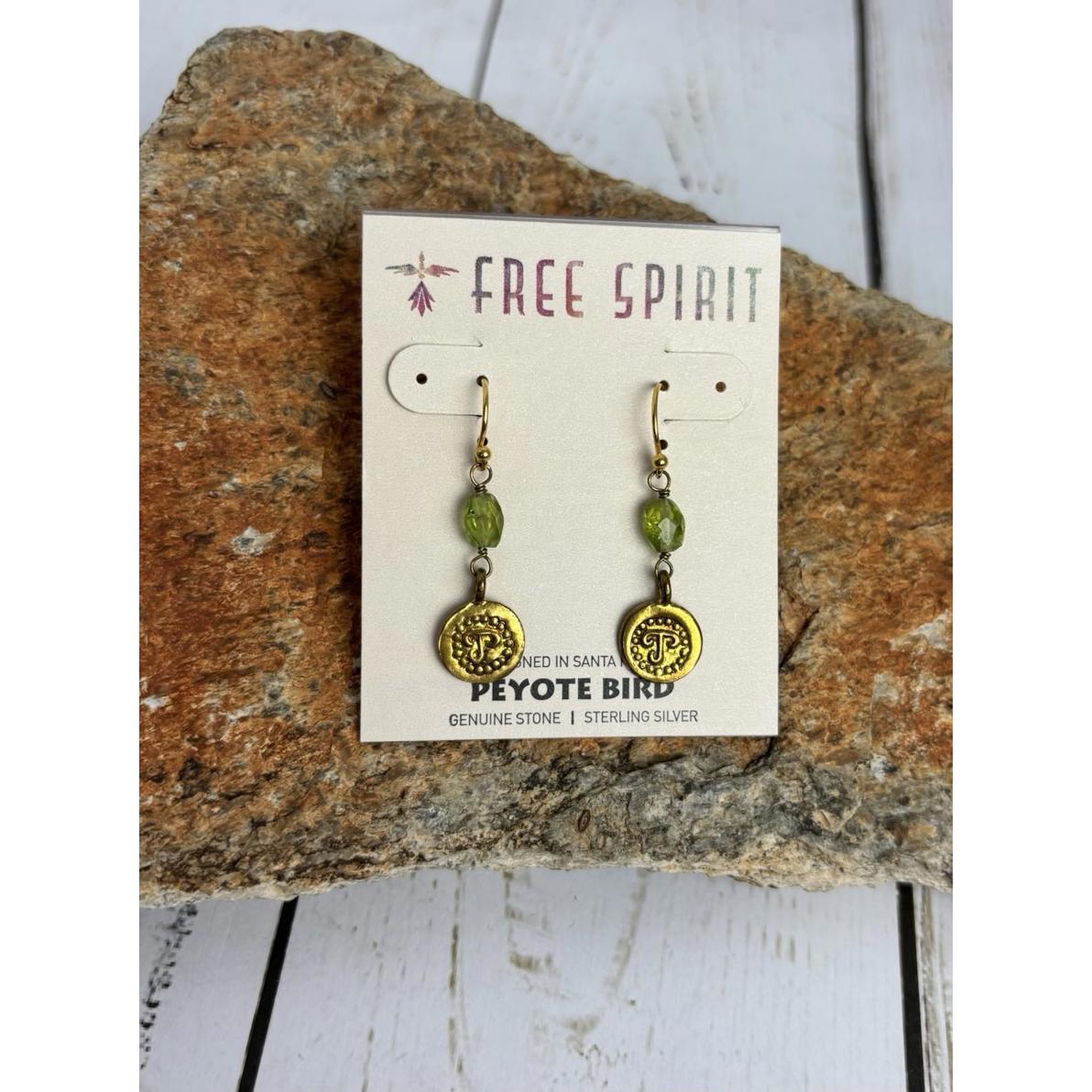 NEW Peyote Bird Sterling Brass Peridot Coin Earrings J067