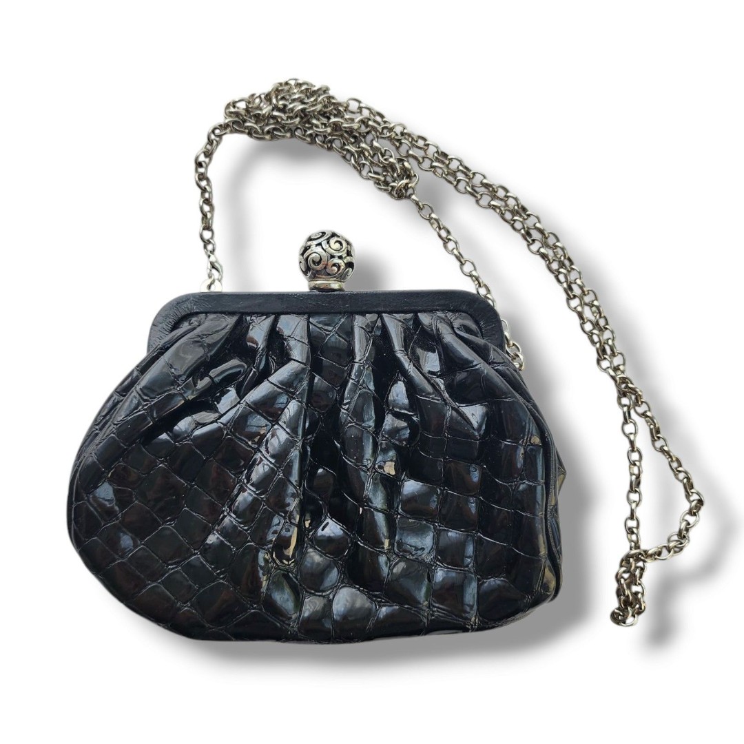 BRIGHTON Black Patent Croc Embossed Clutch Purse Bag Chain Strap Formal Evening