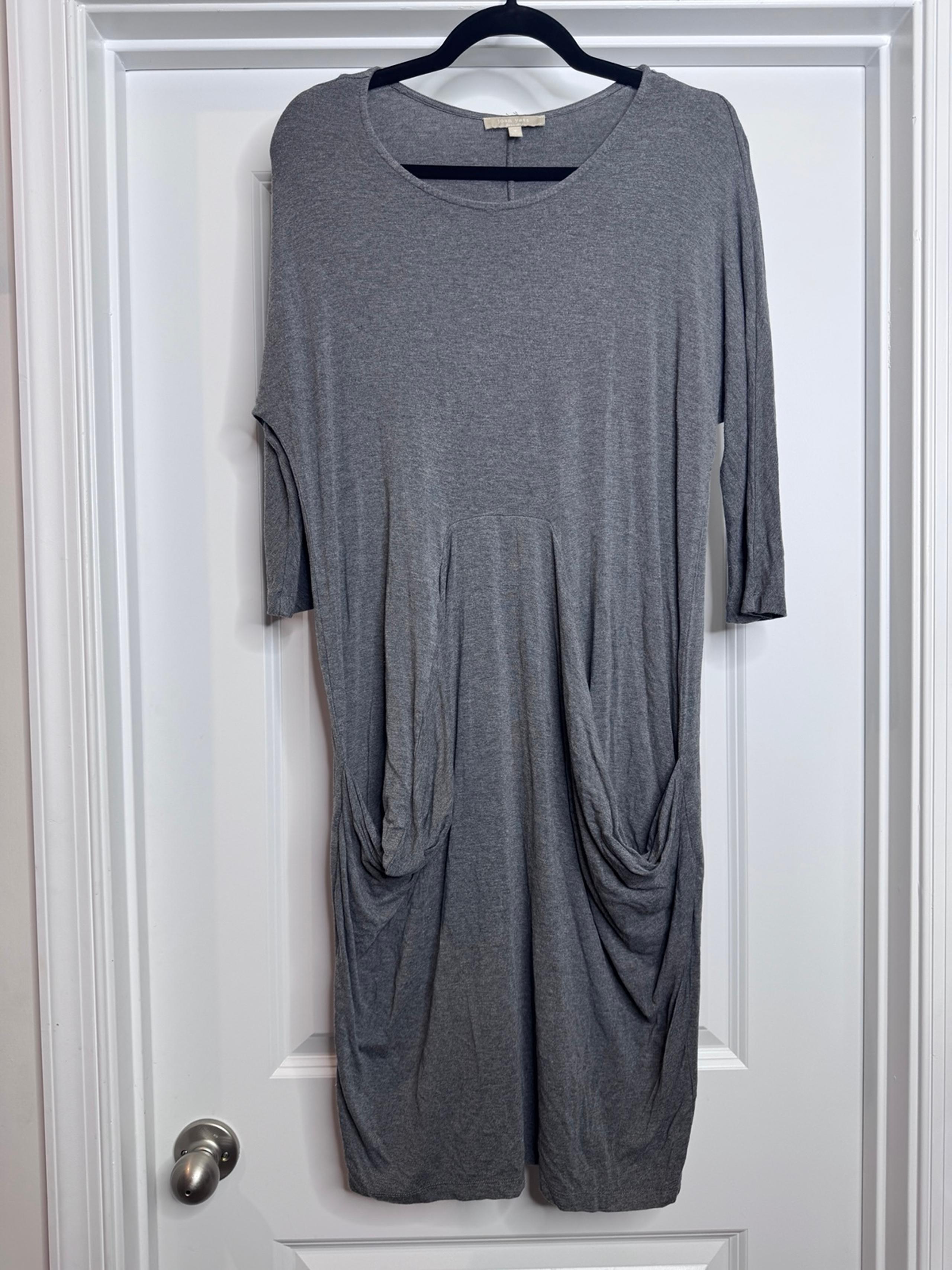 Joan Vass Pullover Long Sleeve Gray Sheath Dress W/Faux Pockets