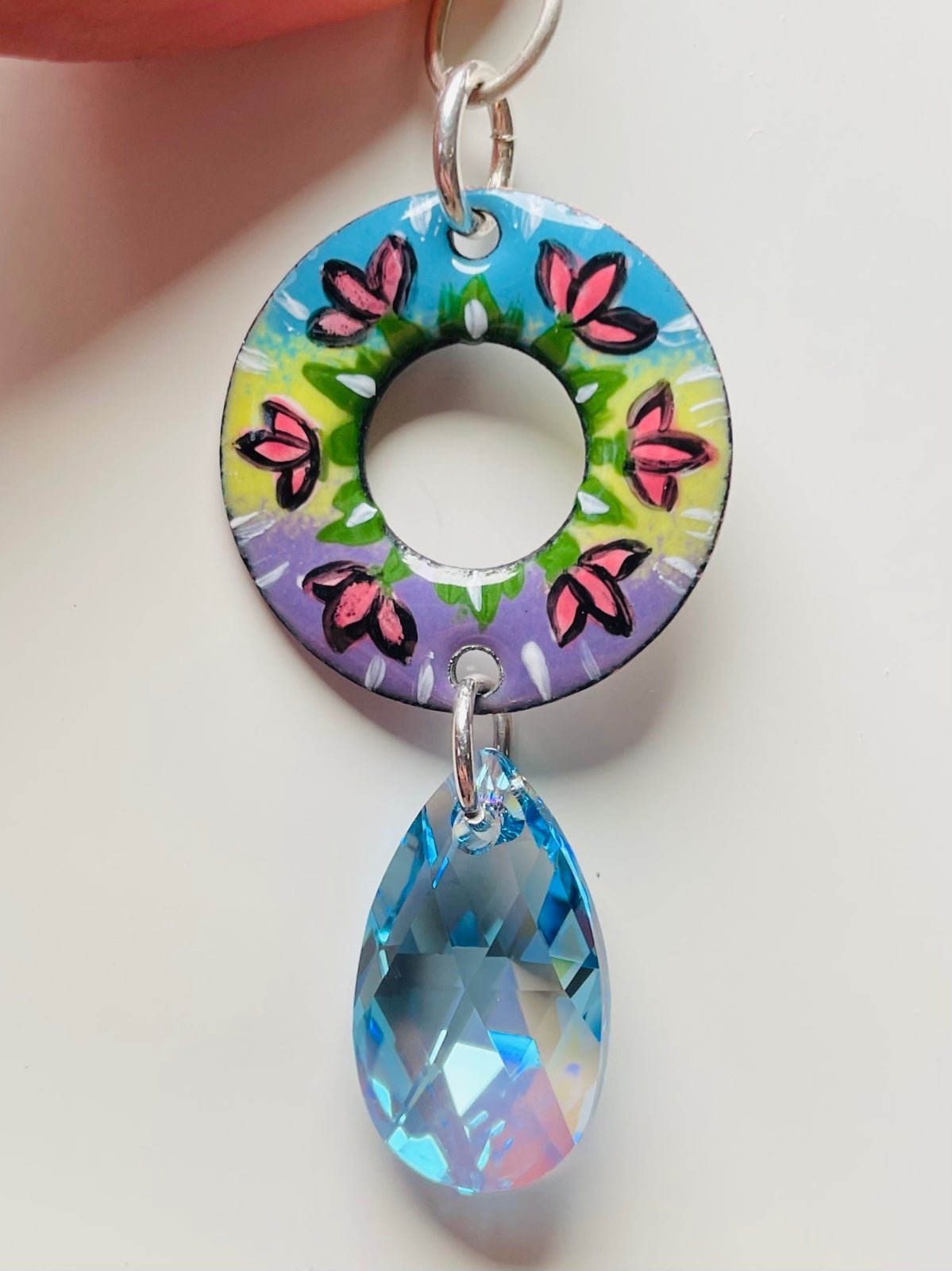 Enameled Copper and Swarovski Pendant ARTISAN blue purple yellow spring pendant