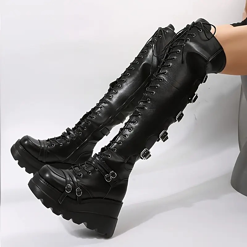 Chung Soles Strappy Wide-Legged Round-Toe Riding Boots