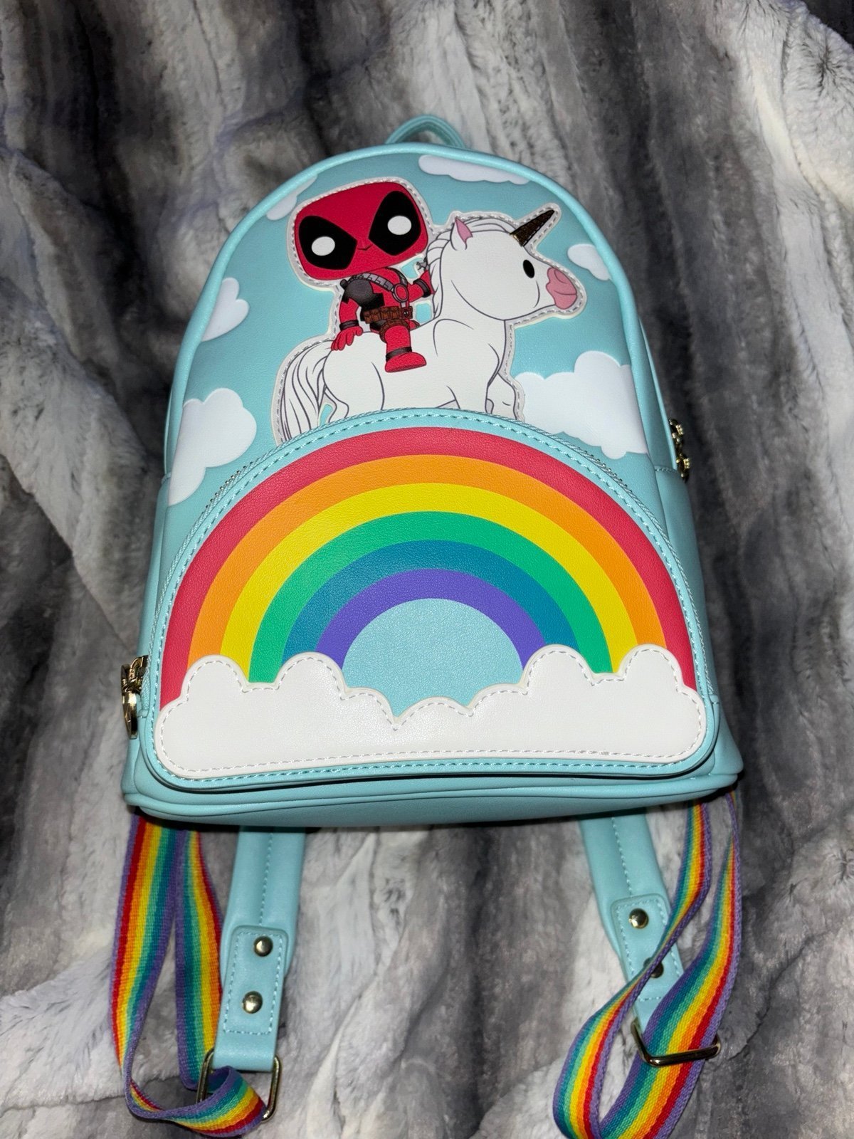 Loungefly Marvel Pop Deadpool 30th Anniversary Unicorn Rainbow Mini Backpack