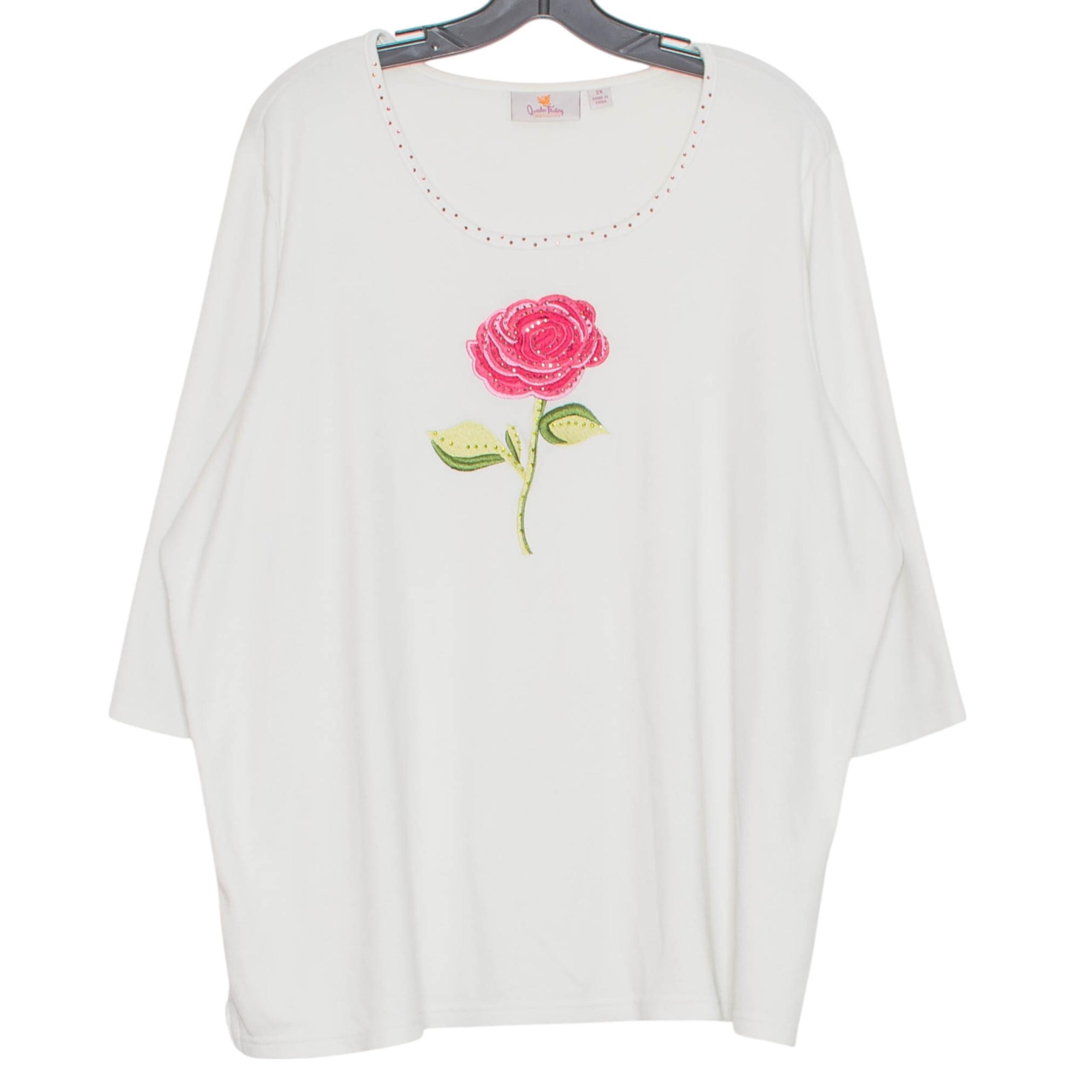 Quacker Factory Top 3/4 Sleeve Embroidered Rose Cottage Romantic Floral White 2X
