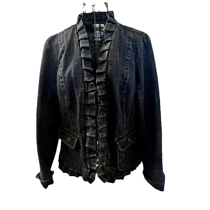 LAL LIVE A LITTLE Ruffled Edge Blue Denim Jacket With Hook & Eye Closure SZ LG