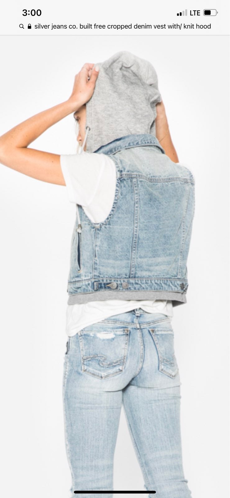 Cropped denim vest with knit hood