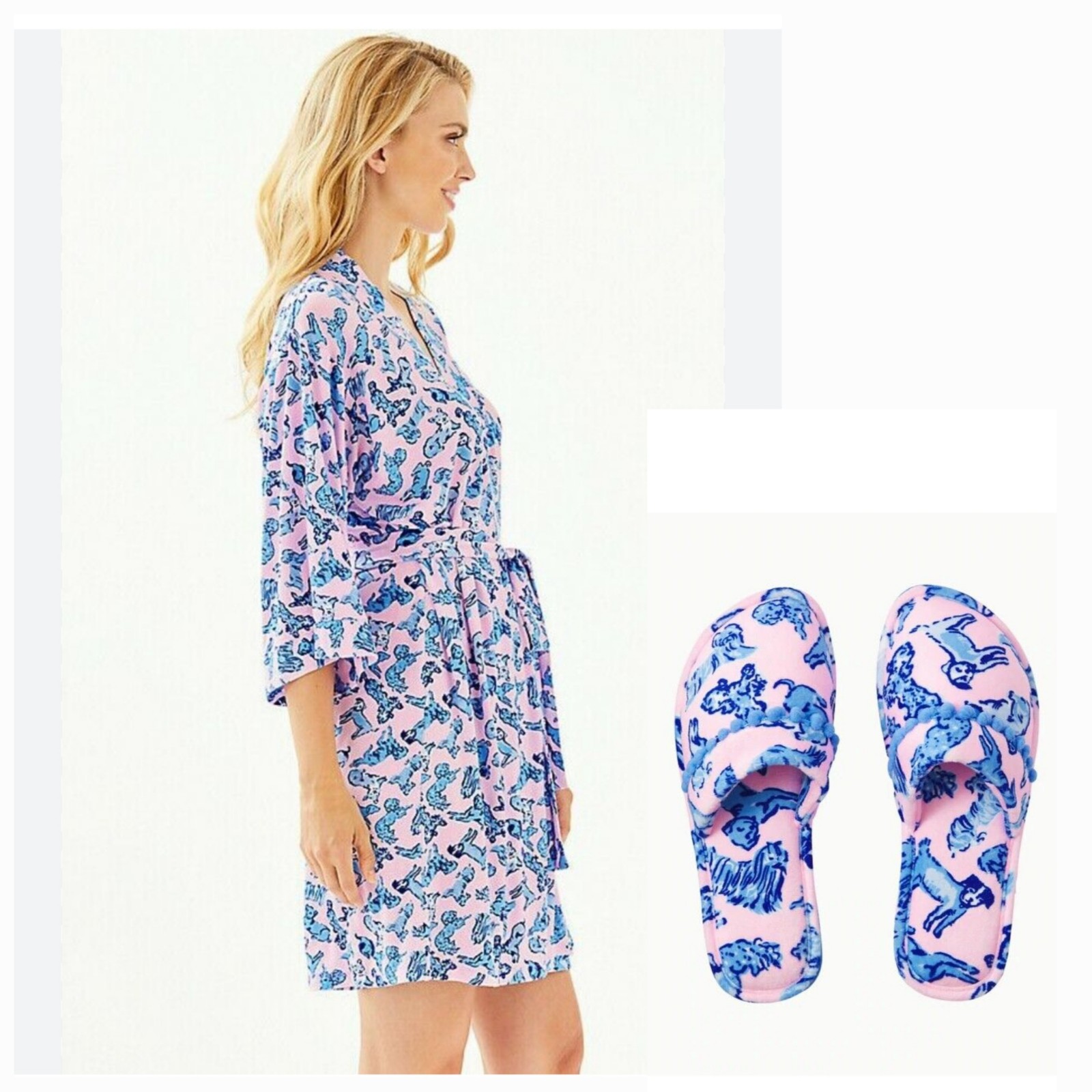 Lilly Pulitzer XXL Zanzibar Blue Ruff Night Robe with Matching 7/8 Slippers
