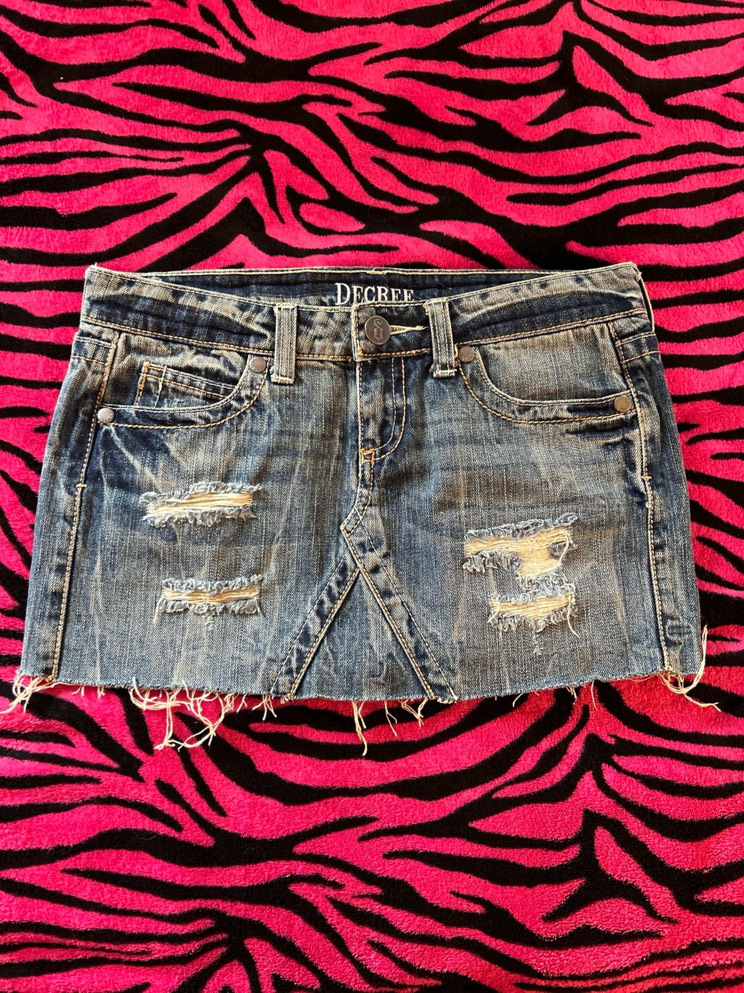 Y2K Decree Denim Mini Skirt Distressed Rhinestone Sequins Skirt