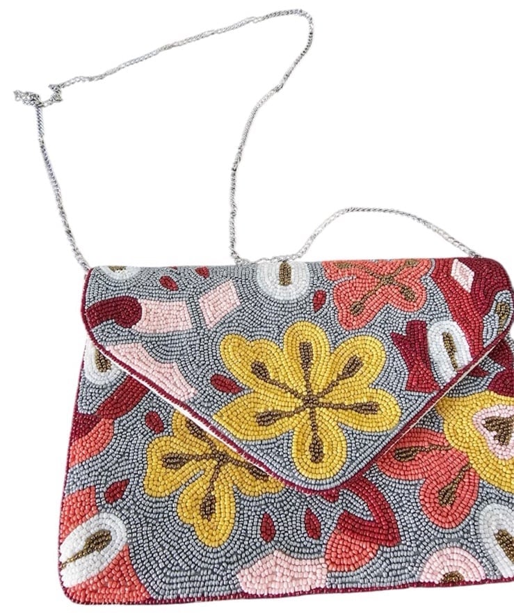 Brand New Beaded Floral Envelope Purse Clutch with Crossbody Silver chain