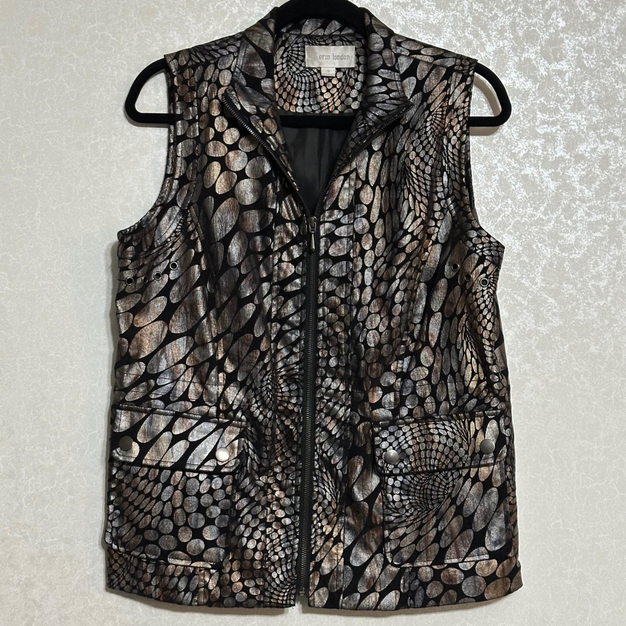 Metallic Geometric Vest Sleeveless Cinch Waist Full Zip Pockets Sz S - Erin London