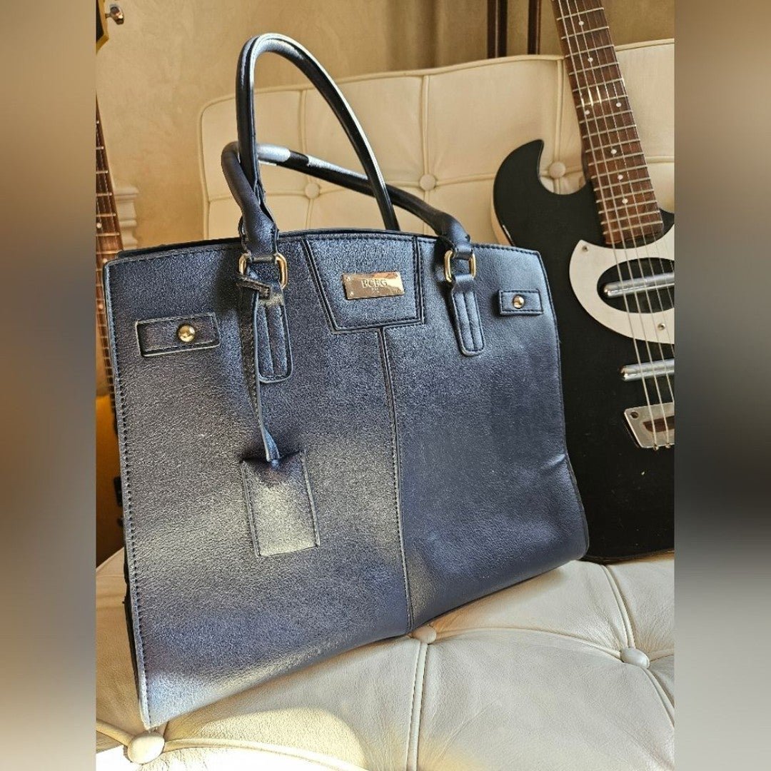BCBG Navy Blue Vegan Faux Leather Satchel Handbag Purse