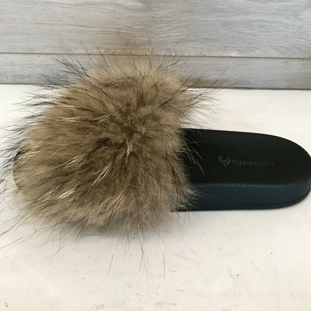 Fur Story Natural Brown Fox Fur & Black Slide Sandals Slippers EU 43.5 US 11