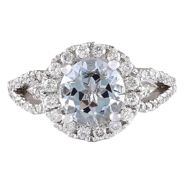2.45Ct Natural Round Aquamarine & Diamond Halo Solitaire Ring 14k White Gold