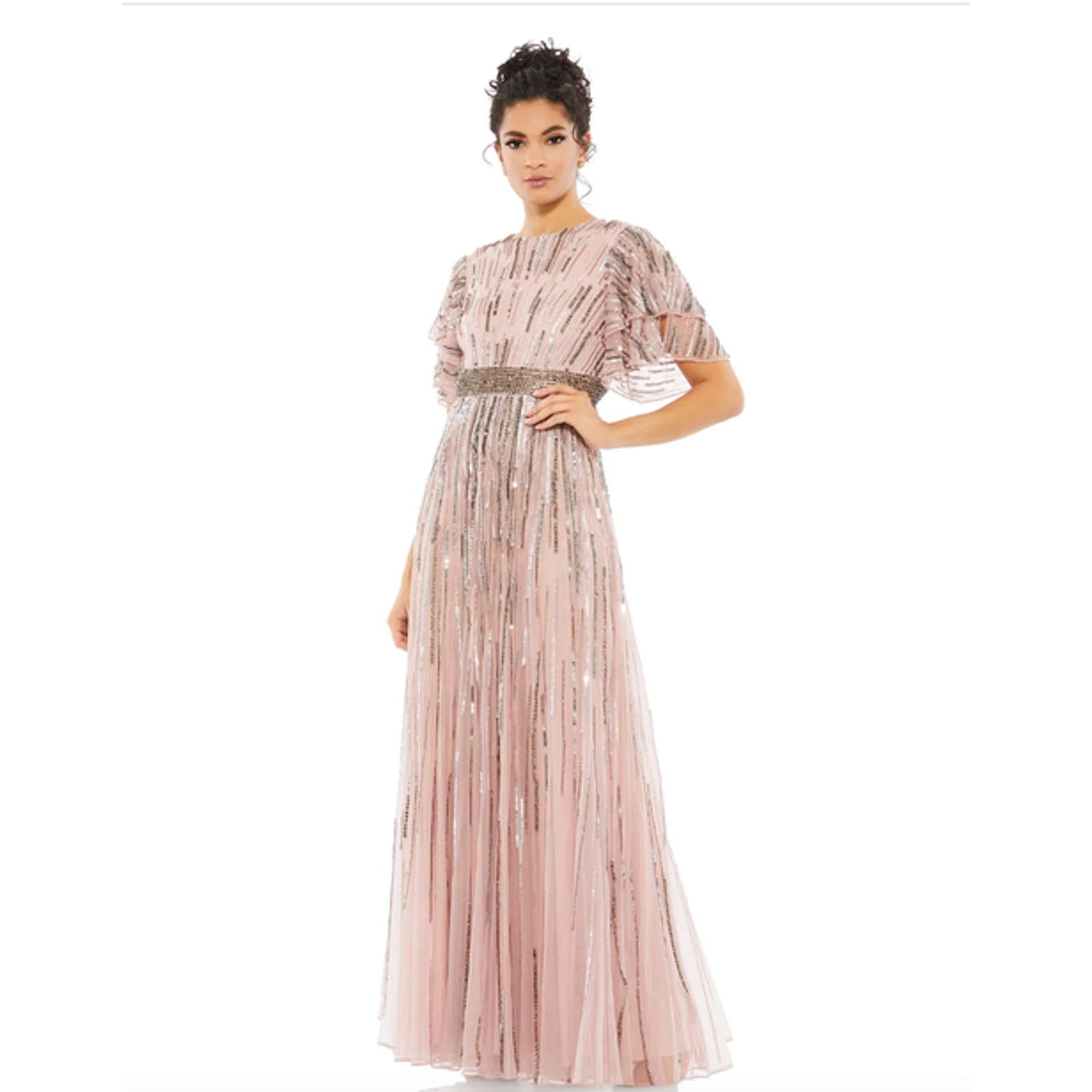 MAC DUGGAL Dress Size 6 Evening Gown Sequin Pink Layered Sleeve Beaded NEW
