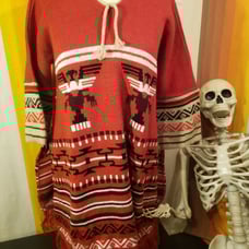 Vintage 1970s Rust Orange White Black Knit Poncho Bell Sleeve Top Sweater