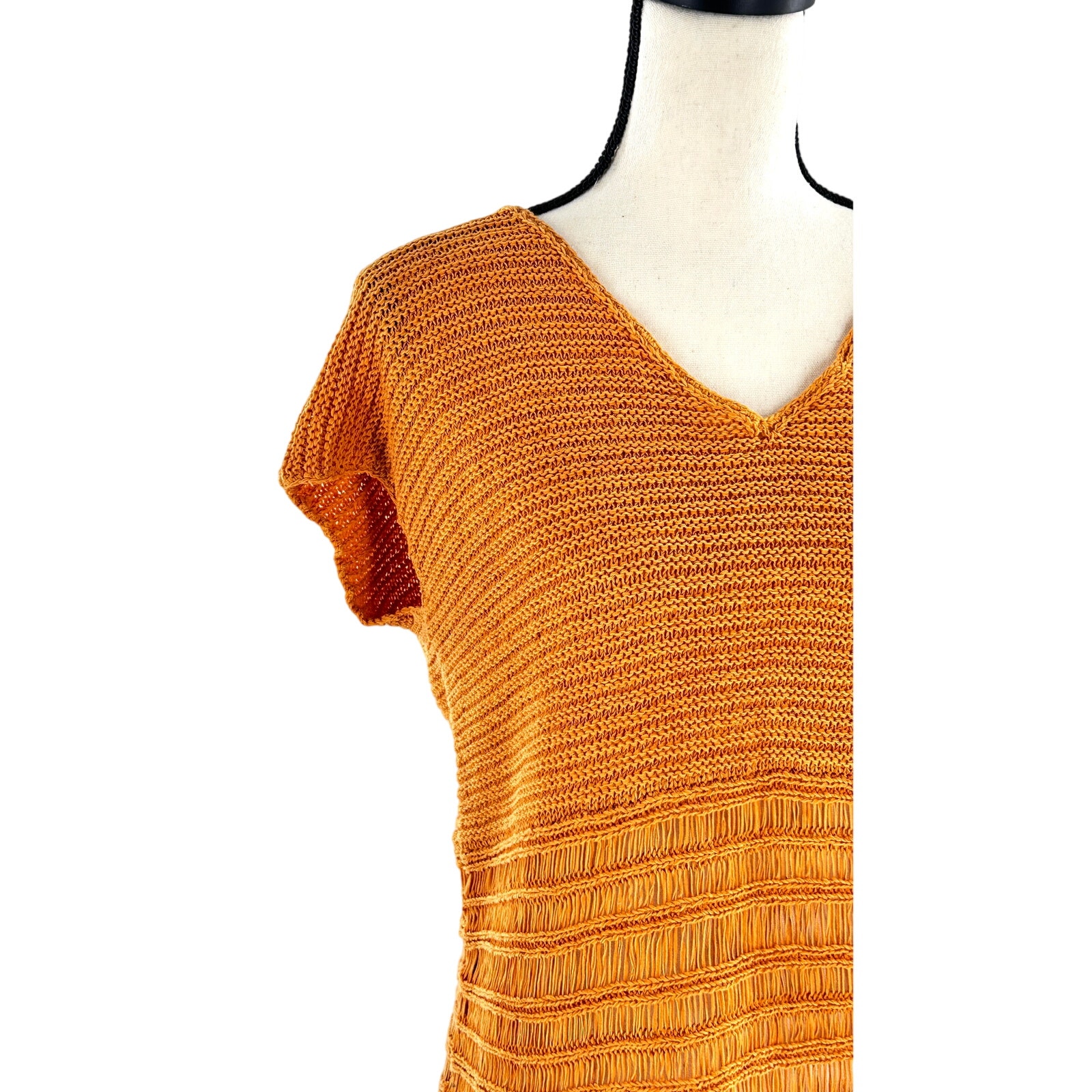 Lafayette 148 Loose Knit Sweater M Mustard Yellow Short Sleeve V Neck Travel