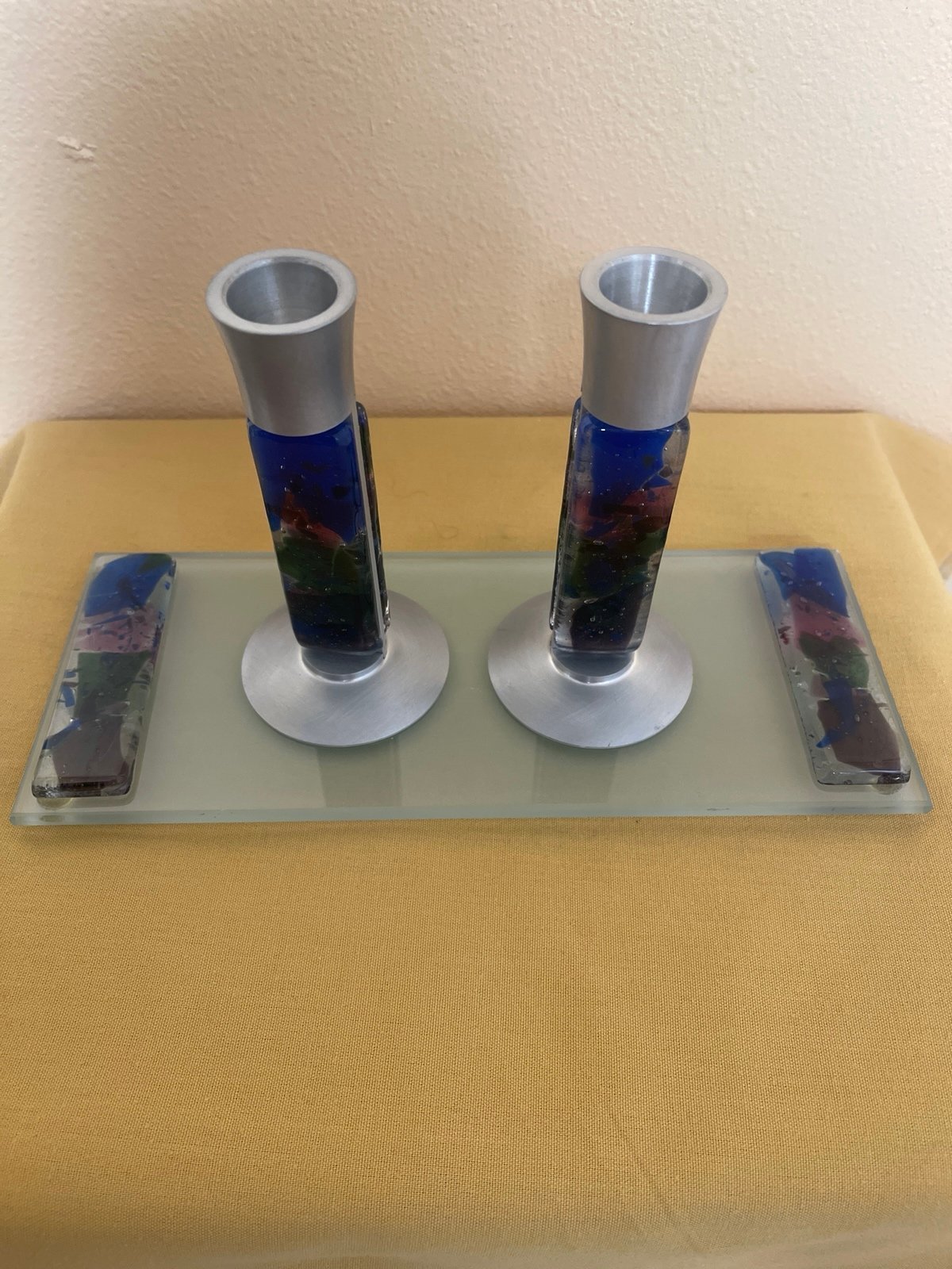 Beames Designs Handmade Shabbat pewter candlesticks and drip tray made in USA