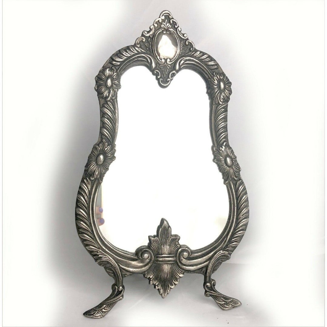 Vintage Vanity Mirror Silverplate or Pewter with Cast Metal Easel Back