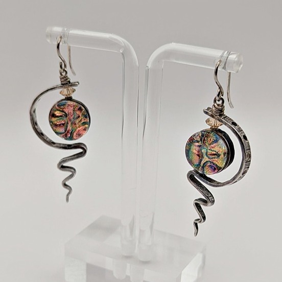 Far Out Steel Earrings - Colorful Glass Dangle Earrings - Silver Zig-Zag
