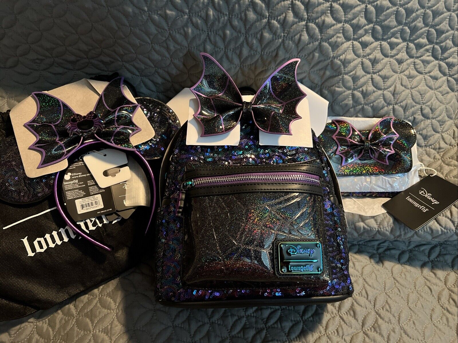 Loungefly Excl. Minnie Mouse Spiderweb Sequin Mini Backpack, Wallet & Ears NWT