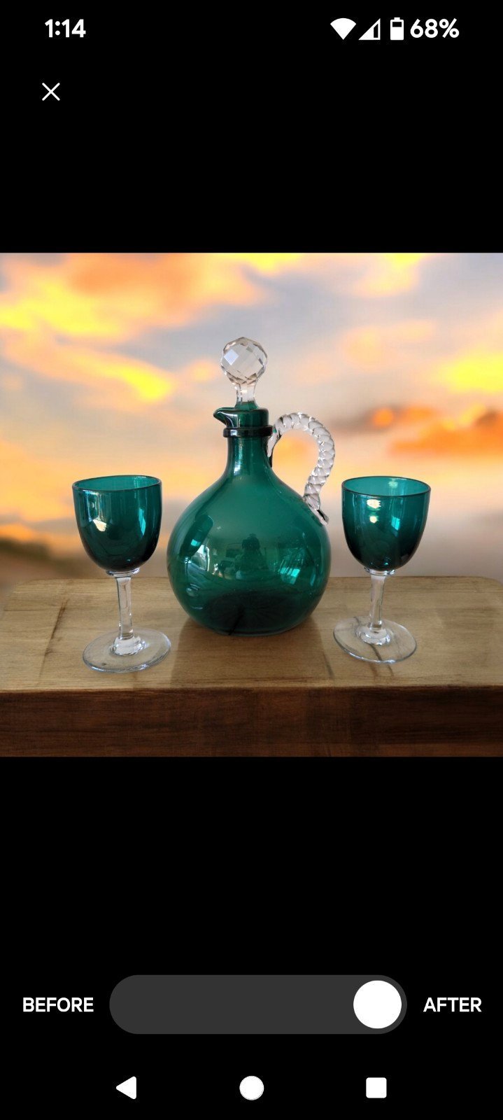 Antique Blue Green 1900's Decanter w/stopper 9.25 tall includes two glasses
