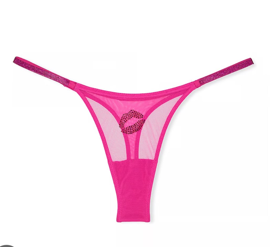 Victorias Secret Nwt Sexy Fuchsia Frenzy Mesh w/ Lips + Shine Strap Thong Panty