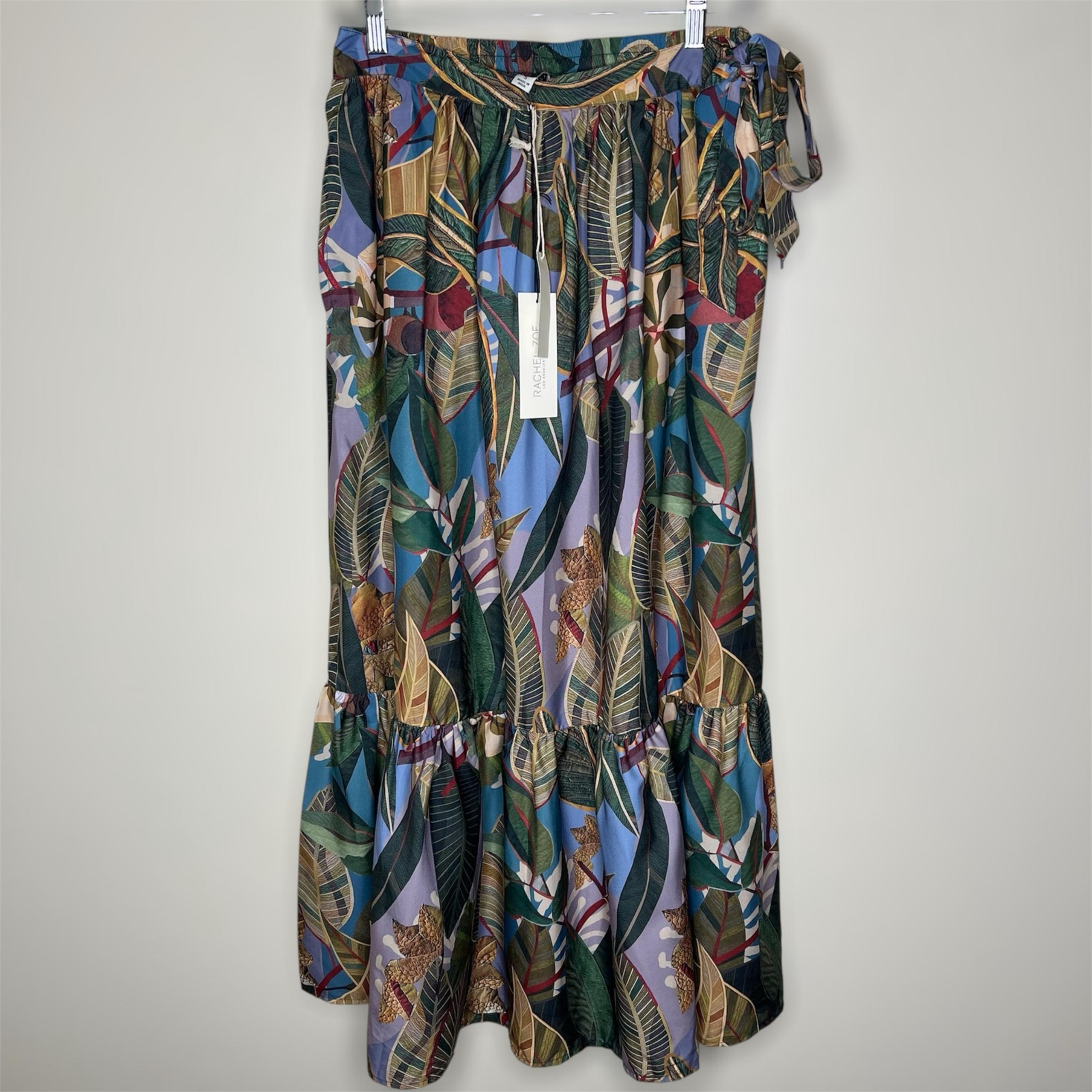Rachel Zoe Maxi Skirt w Pockets SMALL Green Tie Waist Tiered Tropical Leaf Boho