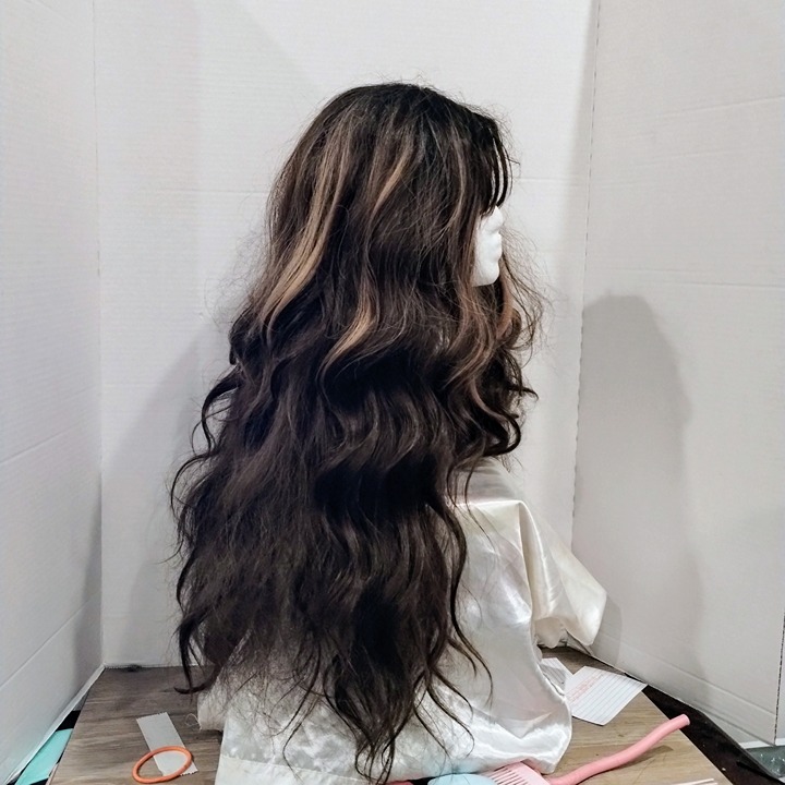 28 Body Wave Brown Highlight with Bangs Synthetic Wig