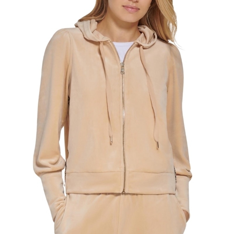 DKNY Full-Zip Hoodie Long Sleeve Elastic Hem Cuffs Velour Gold Tan Women's M NWT