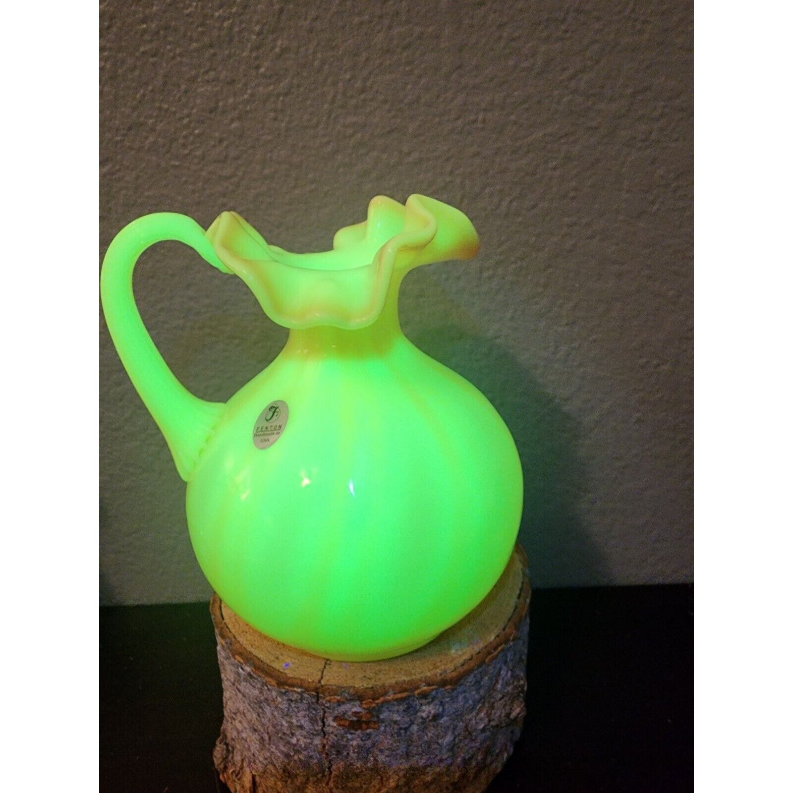 Fenton glossy Burmese Uranium rib optic pitcher with ruffle rim