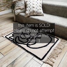Small Rug Abstract Face Drawing, Boho Matt, Beige and Black Rug, Cotton