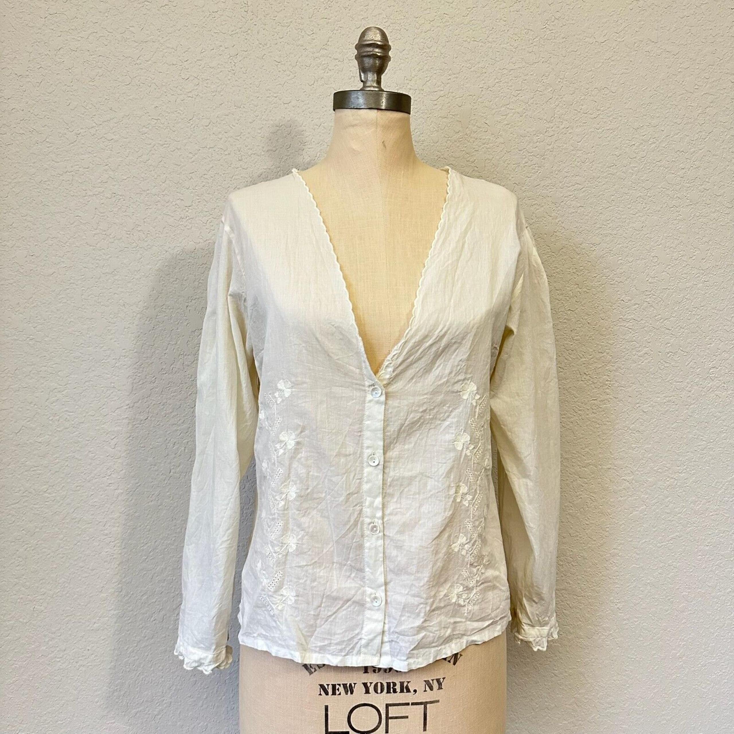 Polder Blouse Ivory Floral Embroidered V-Neck Long Sleeve