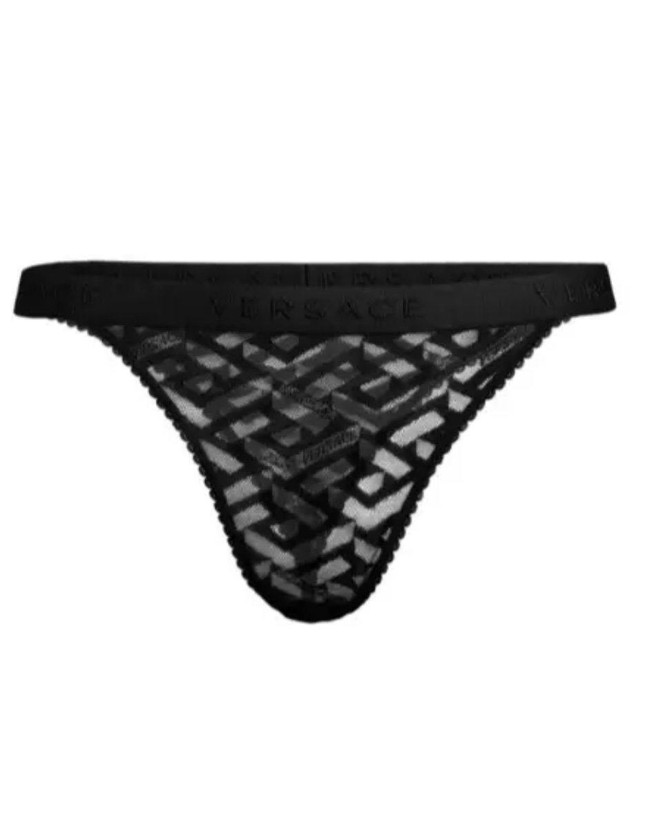 Versace La Greca Lace Thong Women's Black Tulle Bikini Underwear Size 1 / XS NWT