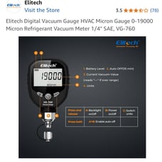 Elitech Digital Vacuum Gauge HVAC Micron Gauge 0-19000 Micron Refrigerant Vacuum