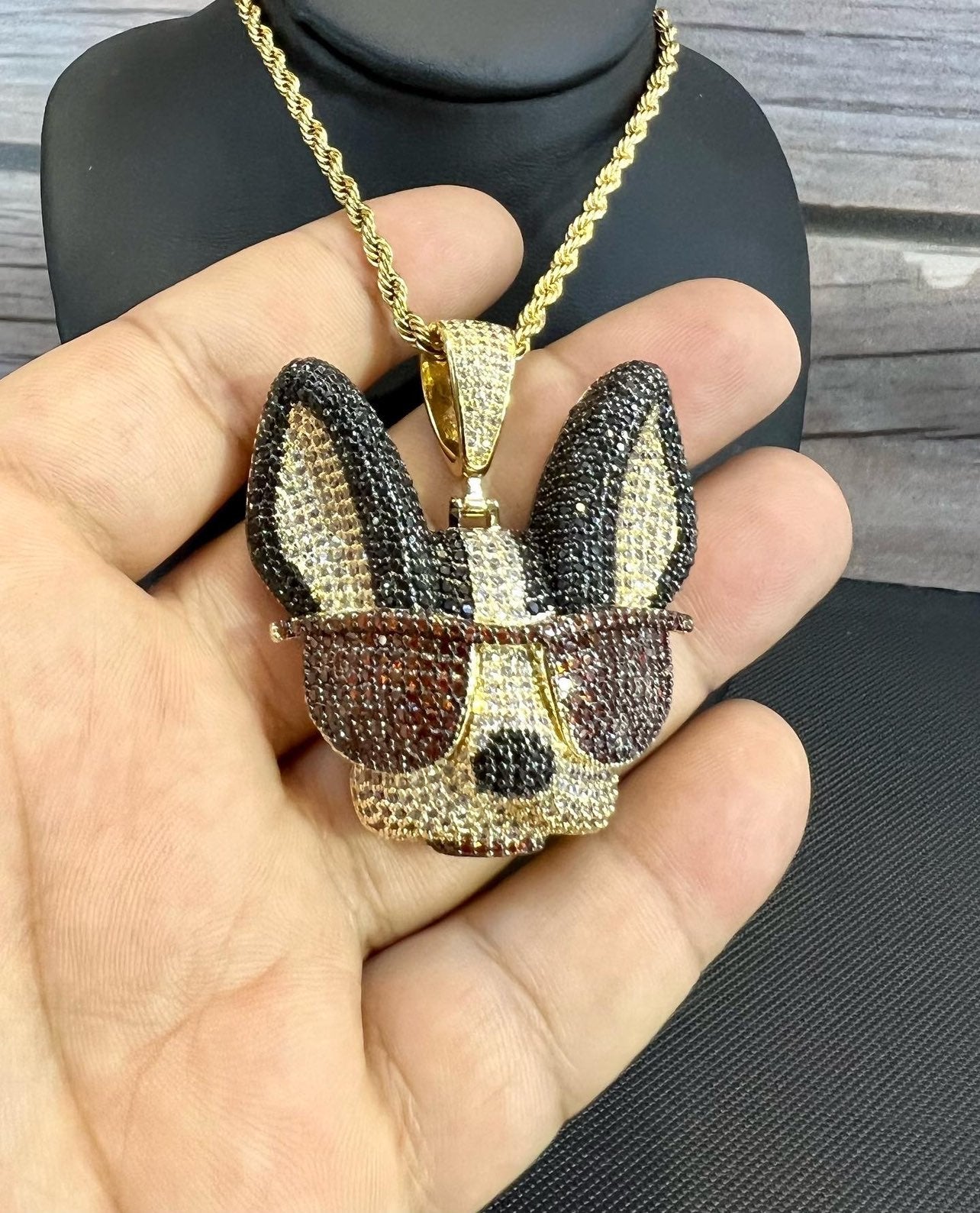 CZ Micro Pave Chihuahua Pendant w/ Rope Chain