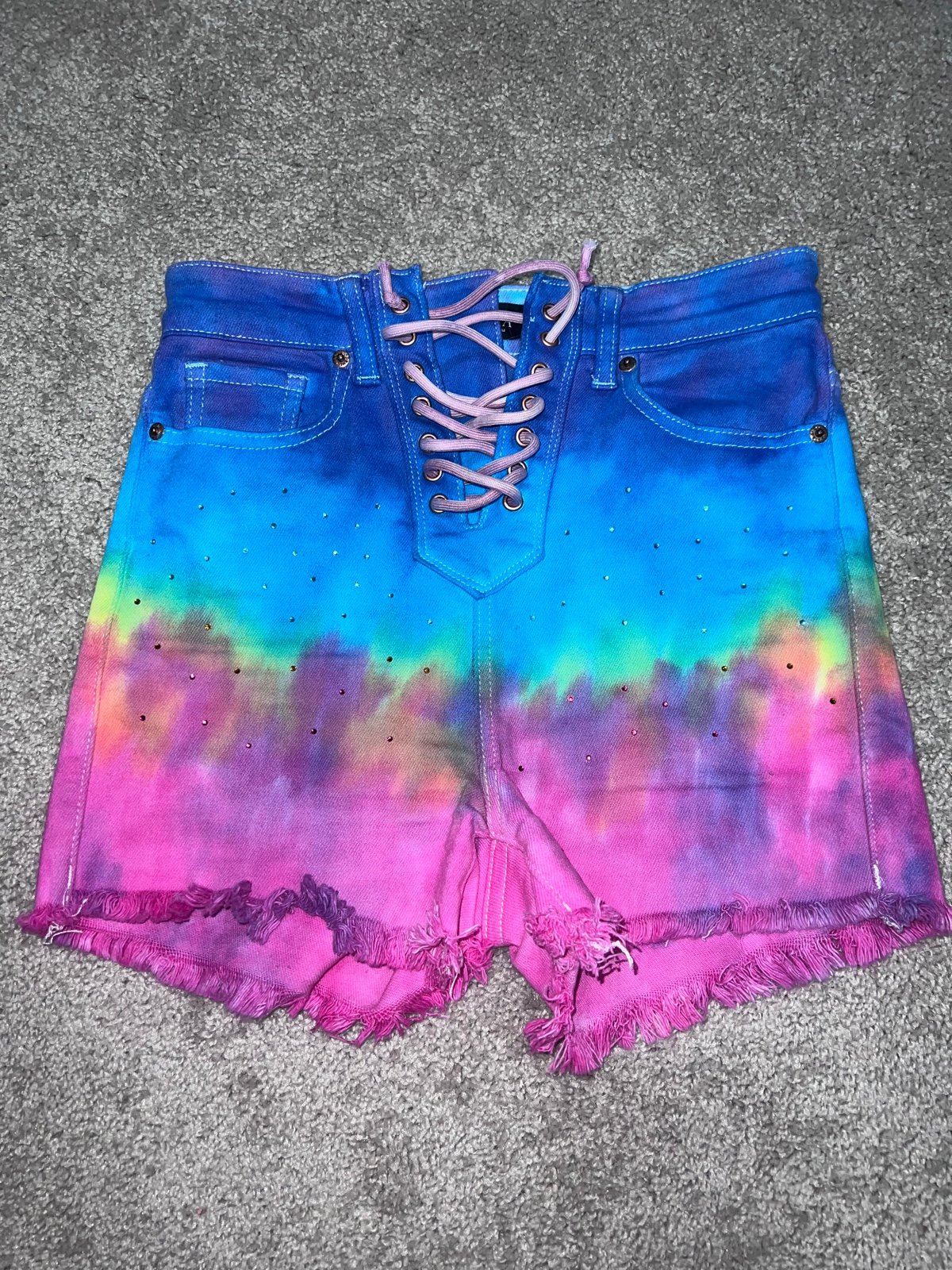 Tie dye rainbow lace up rhinestone shorts