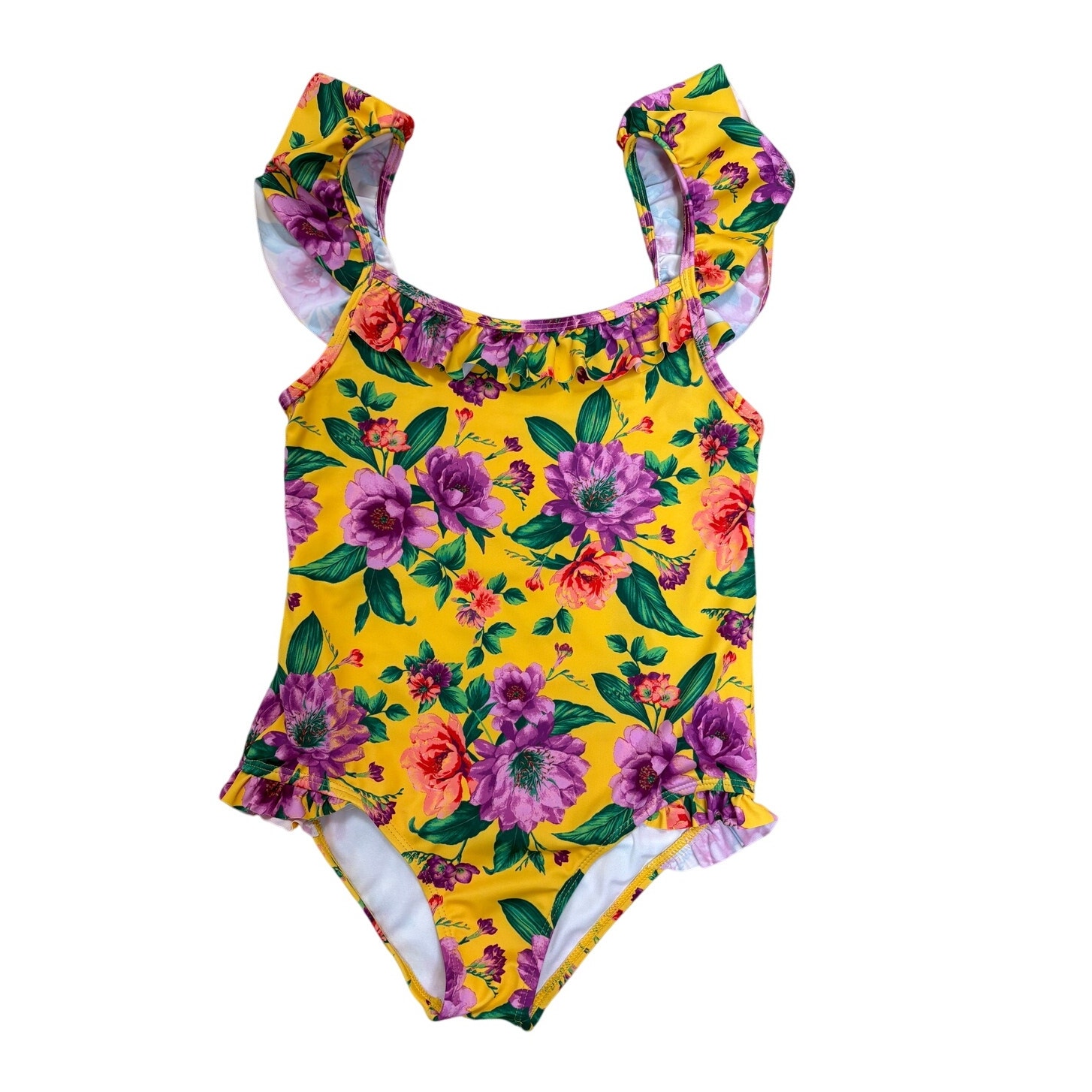 Janie and Jack Girl's One-Piece Swimsuit Yellow Ruffled Floral 12 NEW UPF 50+