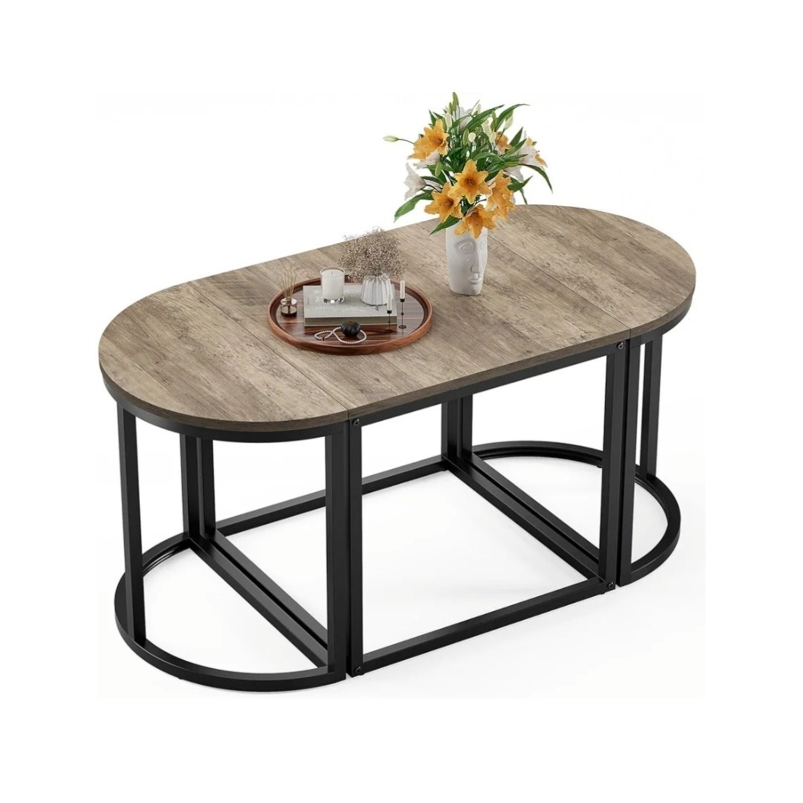 Coffee Table Oval 3pcs Set, Modern Living Room Table with 2 End Tables, Small...