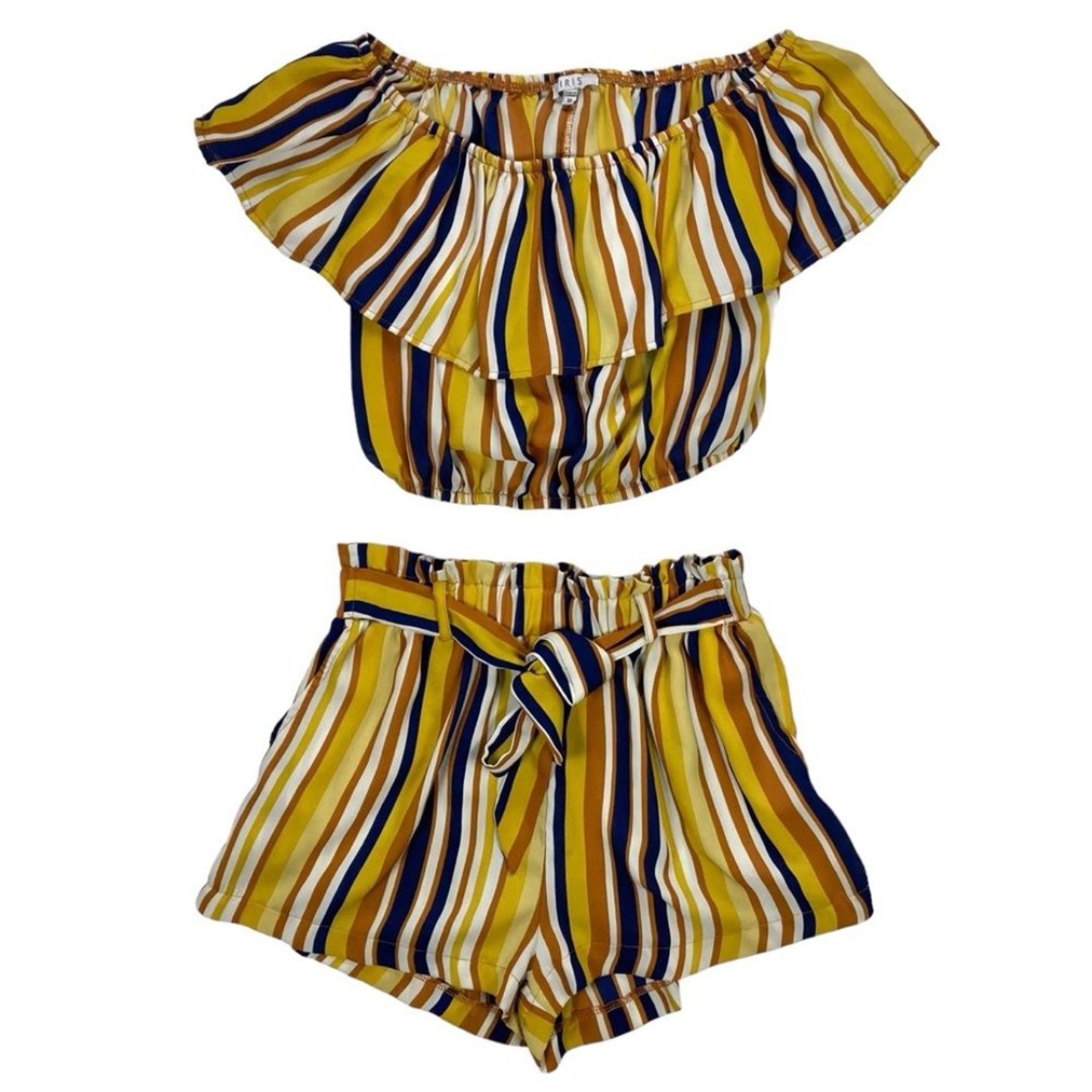 Iris Womens Size M Multicolor Stripes 2 Piece Off the Shoulder Top and Short Set